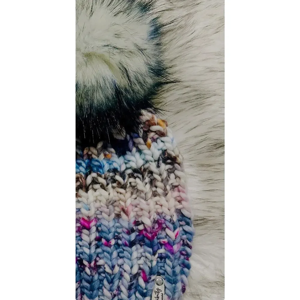 Hand Knit Scrappy Merino Wool Beanie: DefiKnitly Tasteful Knit Hat with Faux Fur